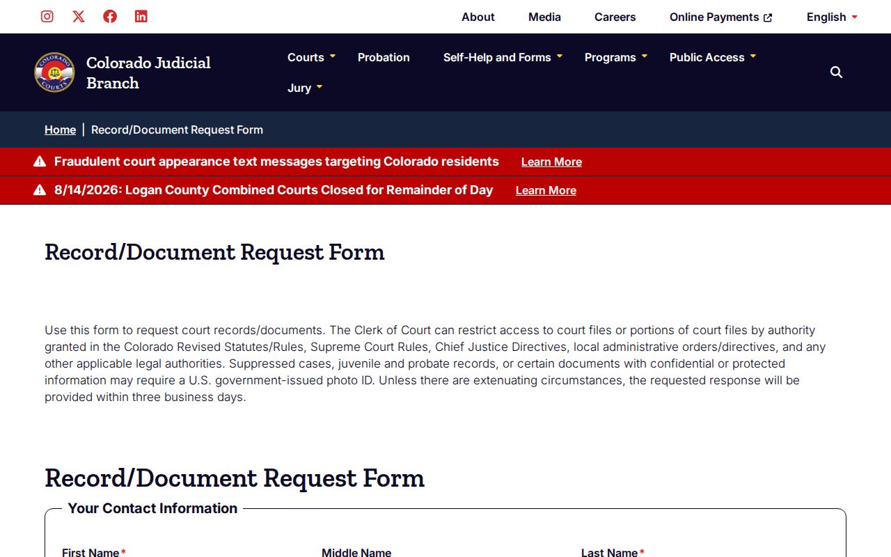 Logan County docket search record request form